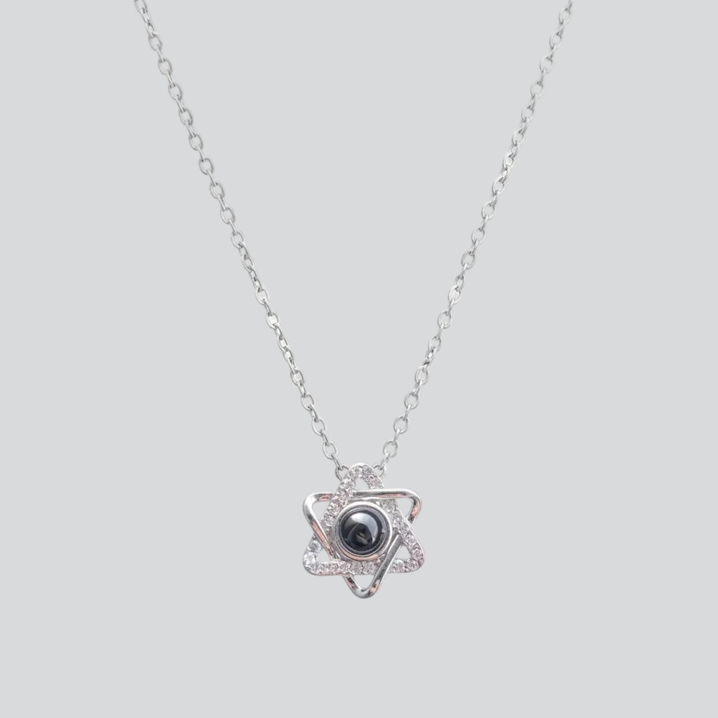 A silver six-pointed star pendant necklace with a dark blue center stone, displayed on a black velvet jewelry box with white text reading 'six-pointed Star Love'.
